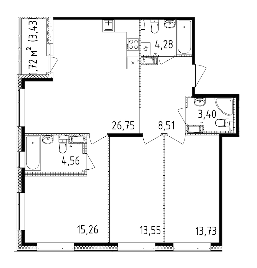 3-комнатная квартира 90.04 м², 12/14 эт., ЖК «Чёрная речка»
